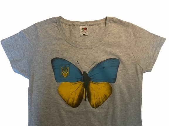 Ukrainian Butterfly Shirt for Women with blue and yellow butterfly print featuring the Ukrainian Tryzub – Made in Ukraine