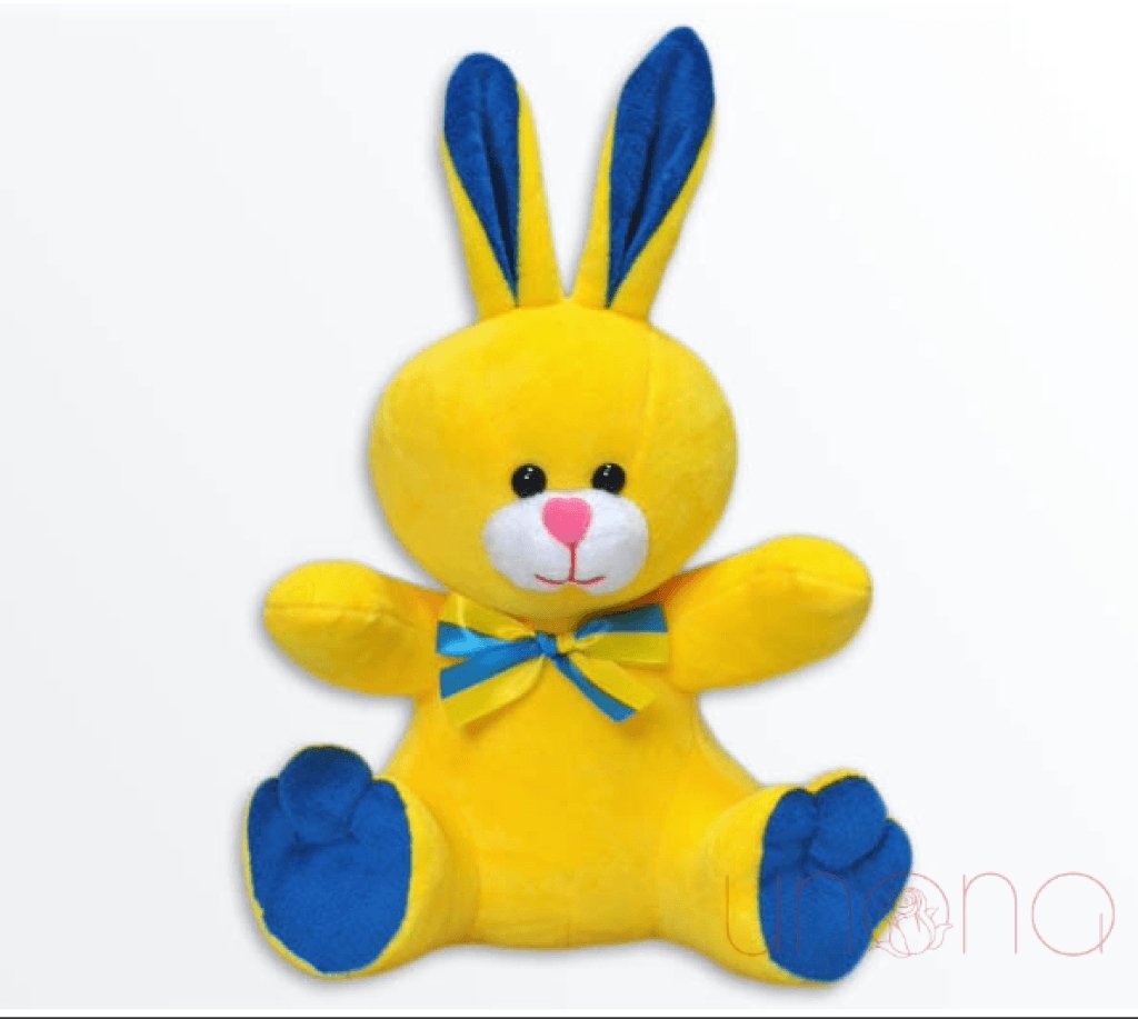Soft Ukrainian plush bunny inspired by the Ukrainian flag