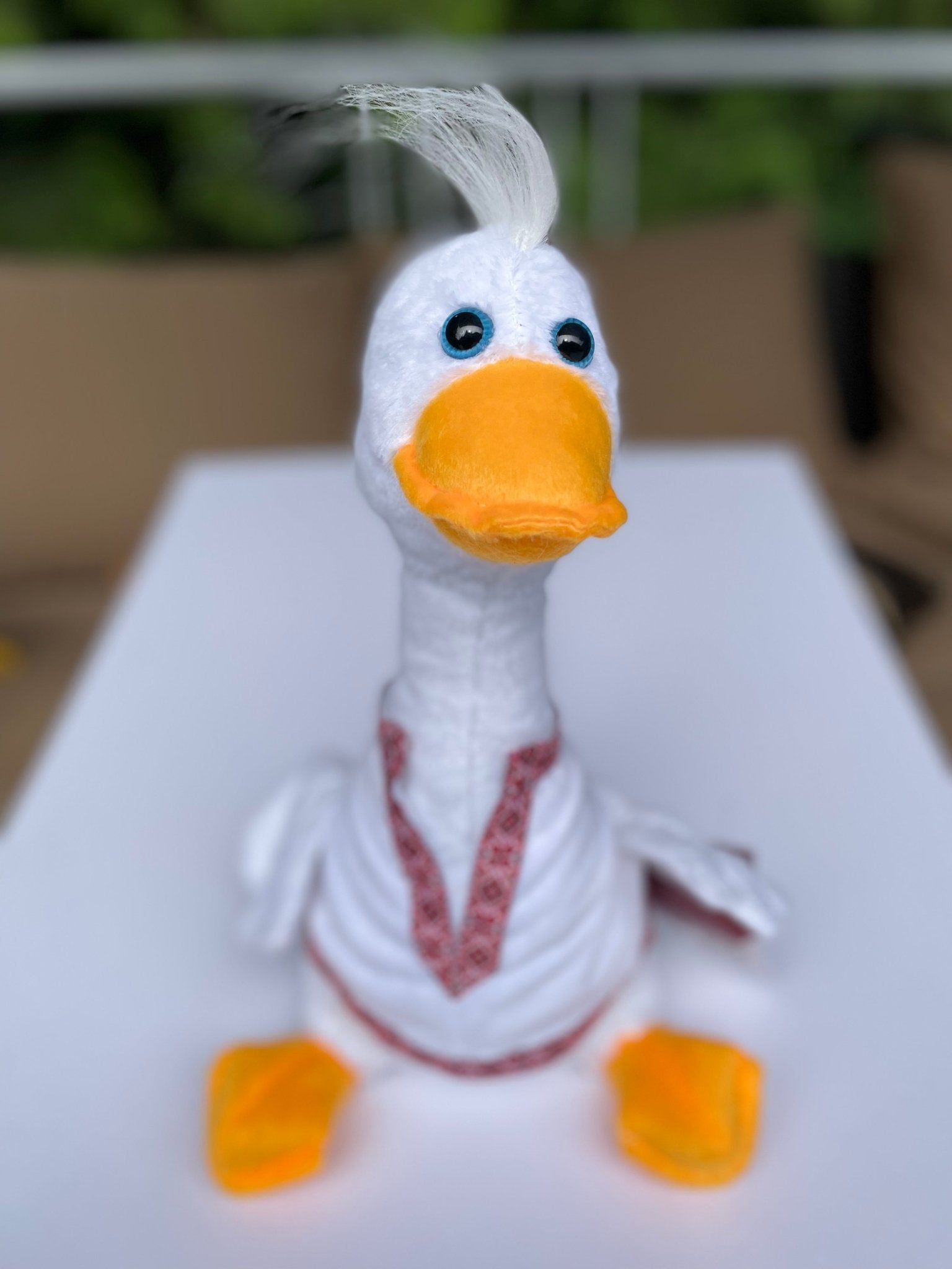 Soft Ukrainian goose toy dressed in a traditional vyshyvanka made in Ukraine