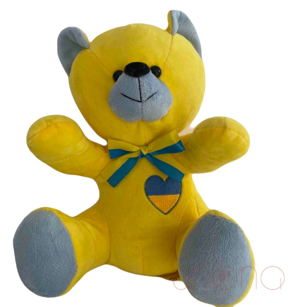 Yellow Myroslav Ukrainian patriotic teddy bear handmade in Ukraine with embroidered Ukrainian flag heart
